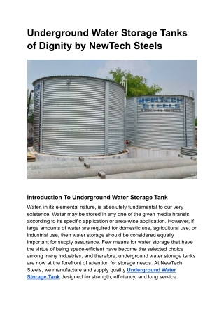 Underground Water Storage Tanks of Dignity by NewTech Steels