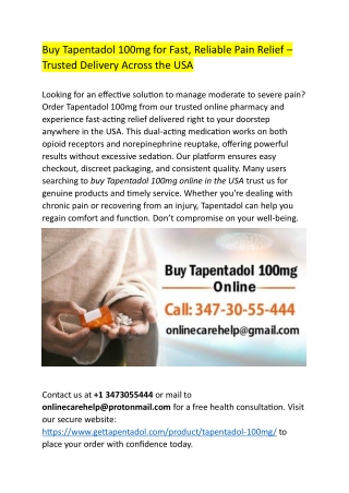 Buy Tapentadol 100mg for Fast, Reliable Pain Relief
