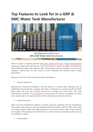 Top Features to Look for in a GRP & SMC Water Tank Manufacturer