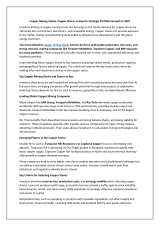 Copper Mining Stocks, Copper Shares to Buy for Strategic Portfolio Growth in 2025