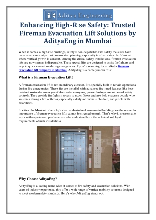 AdityaEng – Trusted Fireman Evacuation Lift Company in Mumbai