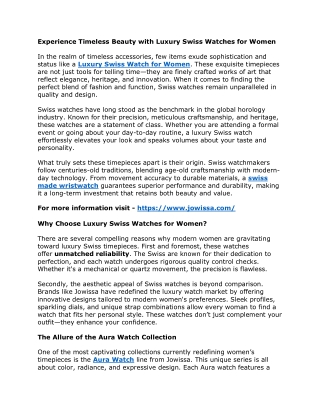 Experience Timeless Beauty with Luxury Swiss Watches for Women