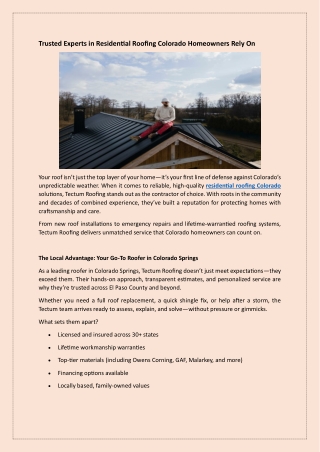Trusted Experts in Residential Roofing Colorado Homeowners Rely On