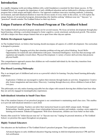 “Unique Features of Our Preschool Program at The Goddard School”