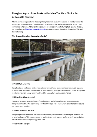 Fiberglass Aquaculture Tanks in Florida – The Ideal Choice for Sustainable Farming