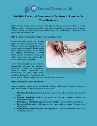 Reliable Electrical Commercial Services in London for Your Business