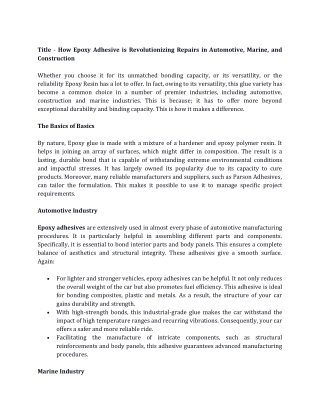 How Epoxy Adhesive is Revolutionising Repairs in Automotive, Marine, and Construction