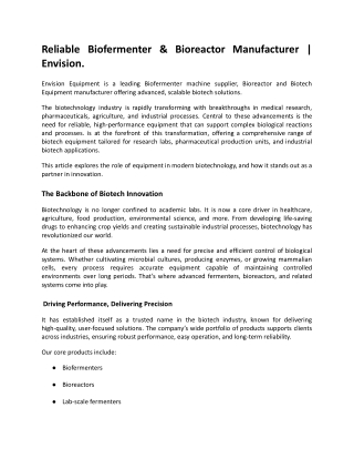 Reliable Biofermenter & Bioreactor Manufacturer _ Envision