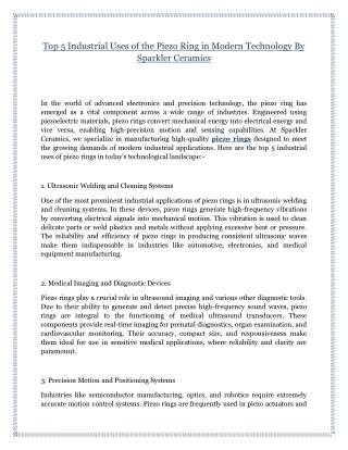 Top 5 Industrial Uses of the Piezo Ring in Modern Technology By Sparkler Ceramics