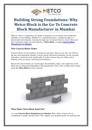 Metco Block – Trusted Concrete Block Manufacturer in Mumbai