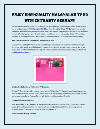 Enjoy High-Quality Malayalam TV HD with ChitramTV Germany