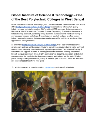Global Institute of Science & Technology – One of the Best Polytechnic Colleges in West Bengal