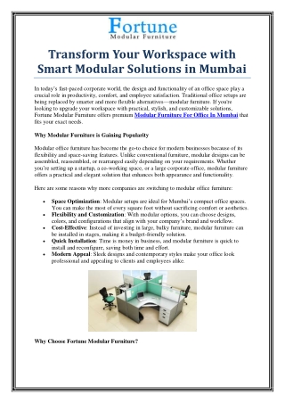Smart & Stylish Modular Furniture For Office In Mumbai by Fortune Modular Furnit