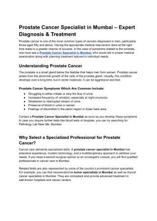 Prostate Cancer Specialist in Mumbai – Expert Diagnosis & Treatment