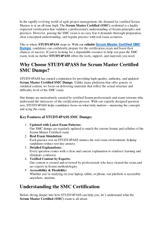 Best Scrum Master Certified SMC Dumps from STUDY4PASS