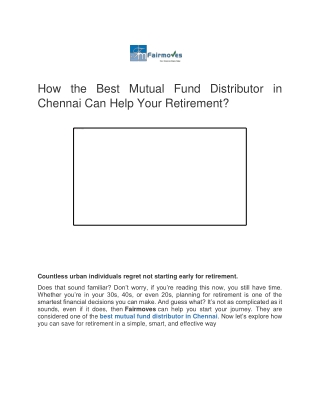 How the Best Mutual Fund Distributor in Chennai Can Help Your Retirement