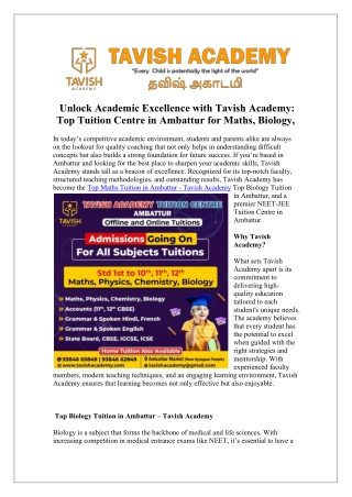 Top NEET- JEE Tuition Centre in Ambattur - Tavish Academy