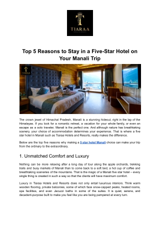 Top 5 Reasons to Stay in a Five-Star Hotel on Your Manali Trip