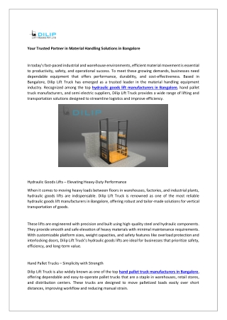 Dilip lift truck - Material Handling Solutions in Bangalore