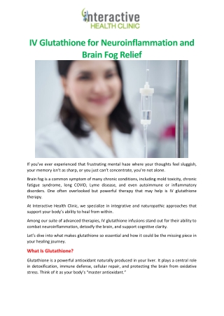 IV Glutathione forNeuroinflammation and Brain Fog Relief