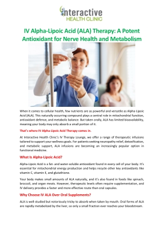 IV Alpha-Lipoic Acid (ALA) Therapy A Potent Antioxidant for Nerve Health and Metabolism