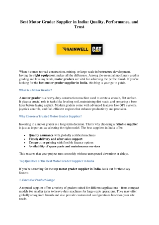 Best Motor Grader Supplier in India from gainwell