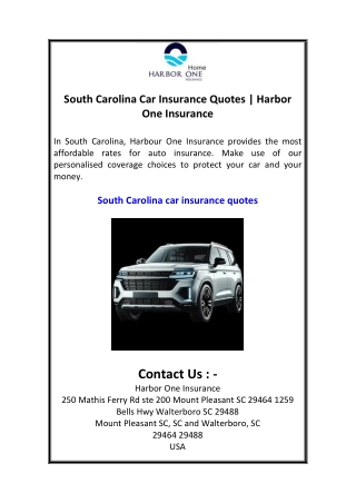 South Carolina Car Insurance Quotes  Harbor One Insurance