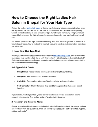 How to Choose the Right Ladies Hair Salon in Bhopal for Your Hair Type