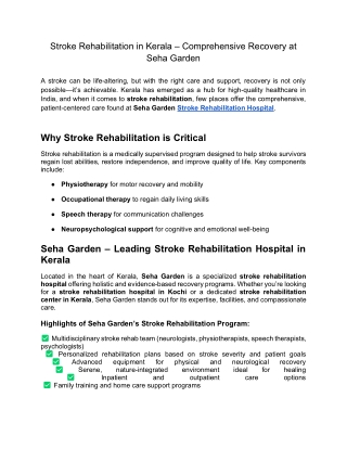 Stroke Rehabilitation in Kerala – Comprehensive Recovery at Seha Garden
