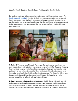 Jobs for Family Cooks in Dubai Reliable Positioning by Hire My Cooks