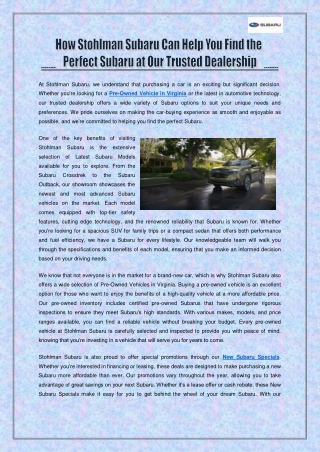 How Stohlman Subaru Can Help You Find the Perfect Subaru at Our Trusted Dealership