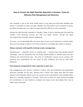 How to Choose the Right Shoulder Specialist in Houston, Texas for Effective Pain Management and Recovery