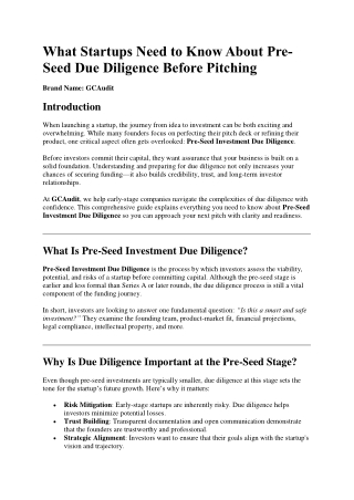 Pre-Seed Investment Due Diligence