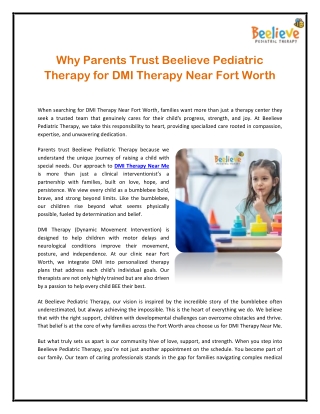 Why Parents Trust Beelieve Pediatric Therapy for DMI Therapy Near Fort Worth