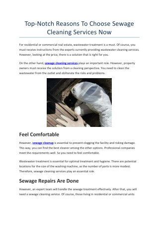 Top-Notch Reasons To Choose Sewage Cleaning Services Now