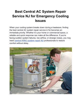 Best Central AC System Repair Service NJ for Emergency Cooling Issues