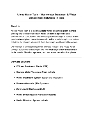 Ariseo Water Tech – Wastewater Treatment & Water Management Solutions in India