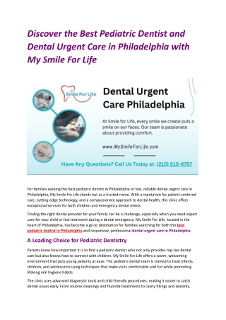 Discover the Best Pediatric Dentist and Dental Urgent Care in Philadelphia with My Smile For Life