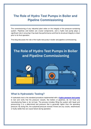 The Role of Hydro Test Pumps in Boiler and Pipeline Commissioning