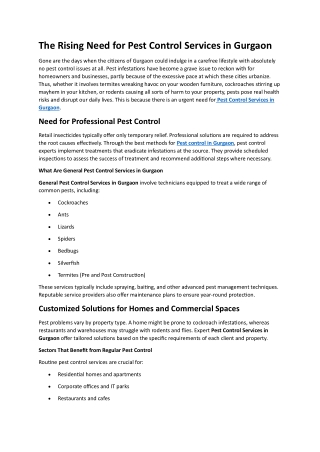 The Rising Need for Pest Control Services in Gurgaon