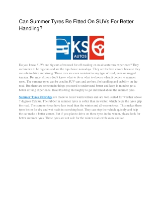 Can Summer Tyres Be Fitted On SUVs For Better Handling