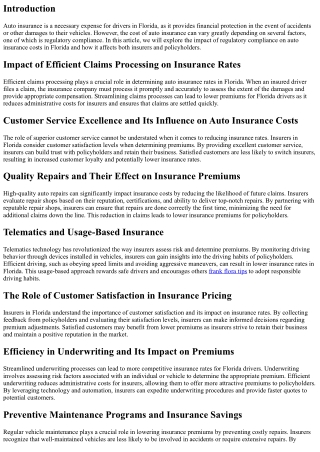 Regulatory Compliance and Its Influence on Auto Insurance Costs in Florida