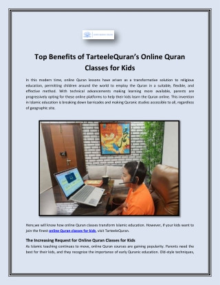 Top Benefits of TarteeleQuran’s Online Quran Classes for Kids