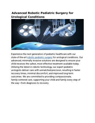 Advanced Robotic Pediatric Surgery for Urological Conditions