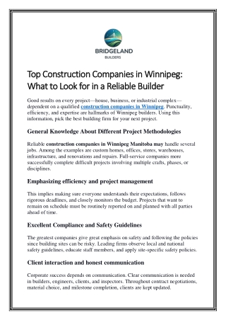 Top Construction Companies in Winnipeg: What to Look for in a Reliable Builder