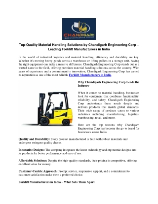 Top-Quality Material Handling Solutions by Chandigarh Engineering Corp  Leading Forklift Manufacturers in India