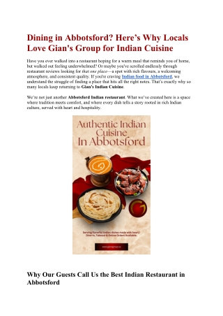 Dining in Abbotsford? Here’s Why Locals Love Gian's Group for Indian Cuisine