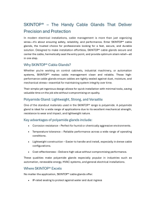 SKINTOP® The Handy Cable Glands That Deliver Precision and Protection