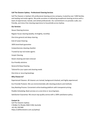 Call The Cleaners Sydney - Professional Cleaning Services