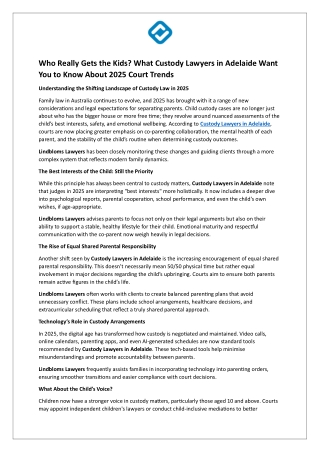 Who Really Gets the Kids - What Custody Lawyers in Adelaide Want You to Know About 2025 Court Trends